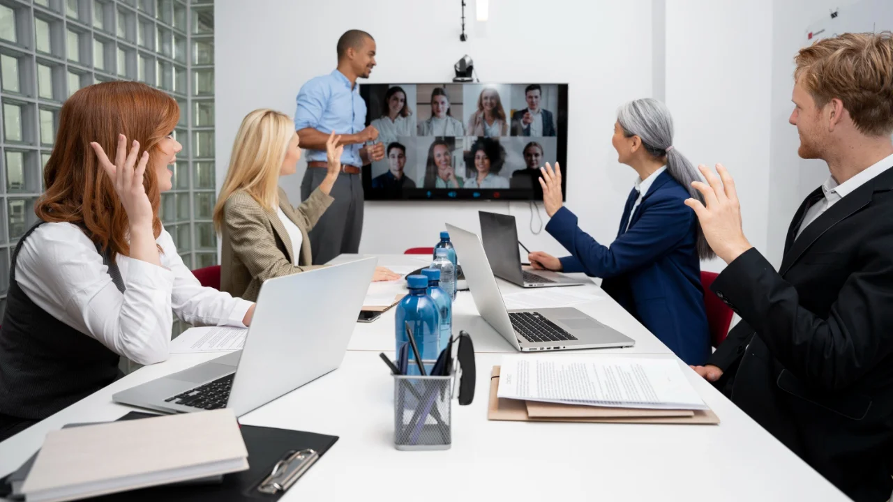 2 Foto de una sala de reuniones moderna, real, con mesa de trabajo amplia, sillas cómodas y un equipo reunido con laptops. Sala de reuniones en barranquilla: Foto de una sala de reuniones moderna, real, con mesa de trabajo amplia, sillas cómodas y un equipo reunido con laptops.